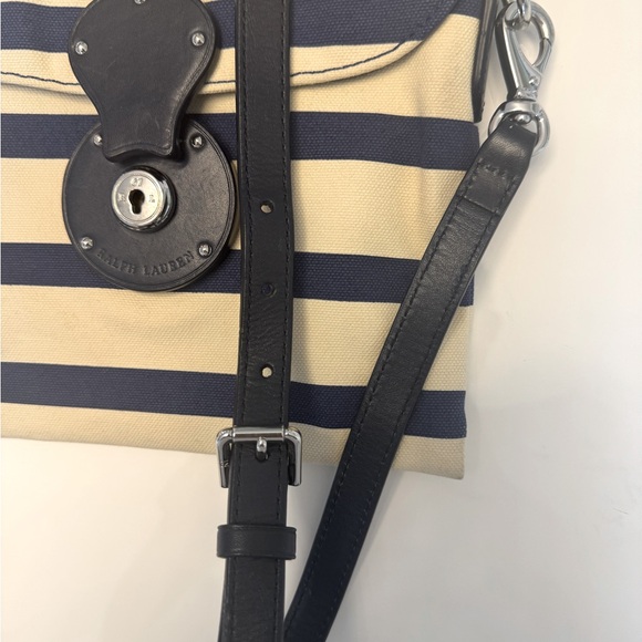 Ralph Lauren Purple Label Striped Canvas Crossbody | Navy & Cream | Red Interior - Picture 8 of 9